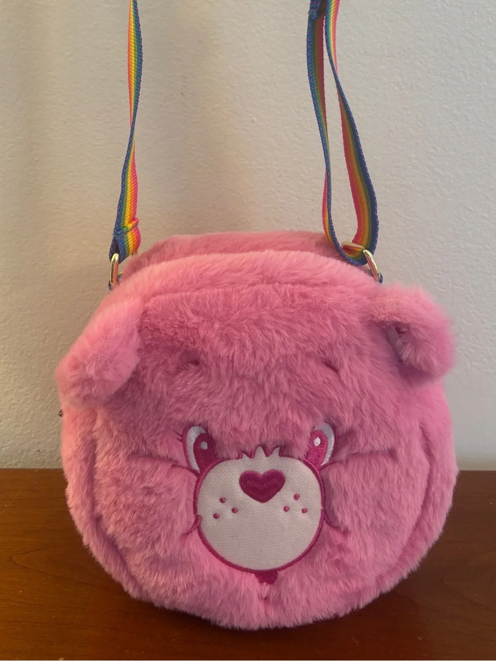 Care Bears Cheer Bear Pink Plush Crossbody Bag Rainbow Strap NWOT